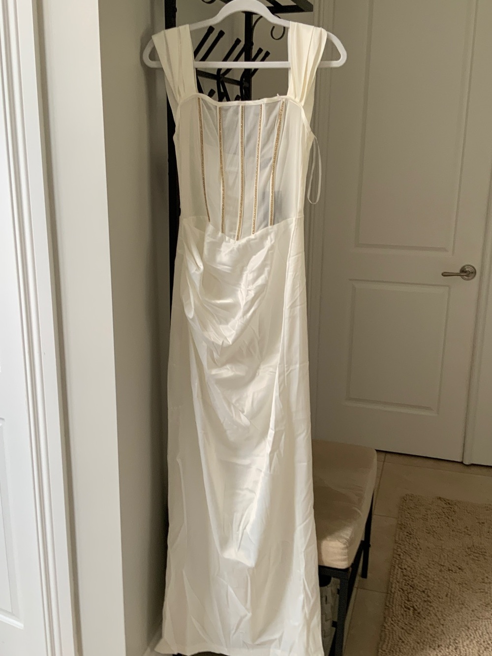 AKIRA Ivory White Prom Dress with Gold Trim